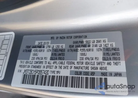 2023 Mazda Cx-9 Touring из США, поврежденный, VIN JM3TCBCY5P0657430